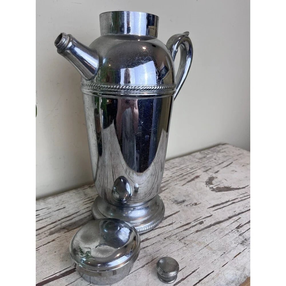 Vintage MCM Chrome Cocktail Pitcher Shaker Chrome Plated Martini Barware Deco
